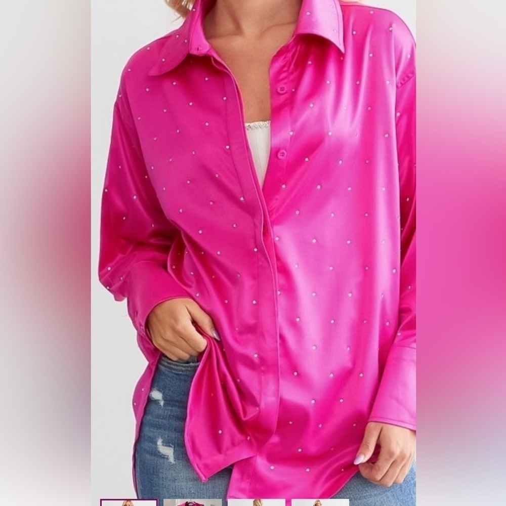 NWT Buckle Pink Rhinestone Button Satin Shirt XS